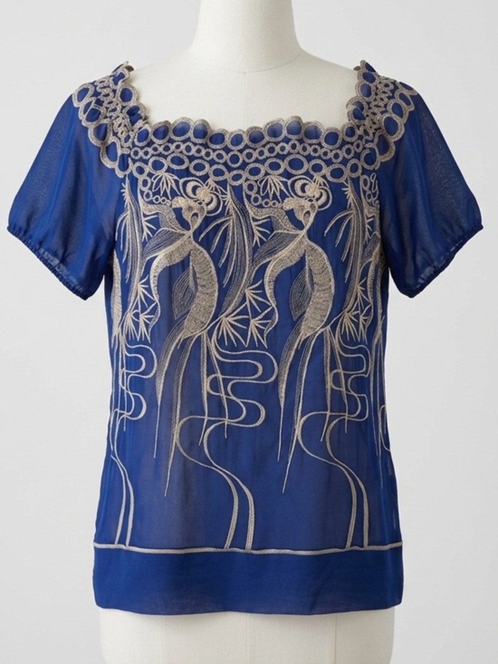 Hazel Royal Blue Embroidered Peasant Top Wearable Art Bohemian Chic Semi Sheer M